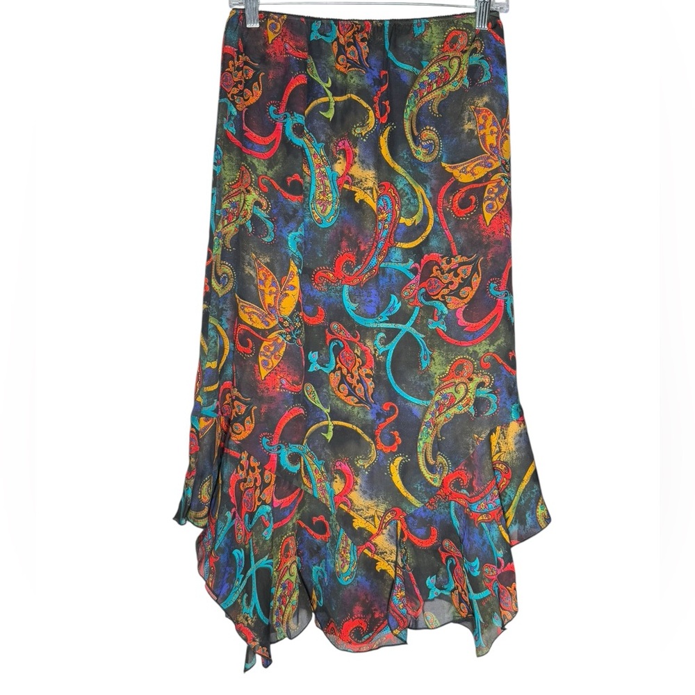 VTG Chicos Design Skirt Size Medium Silk Black Multi Color Paisley Mermaid Flowy